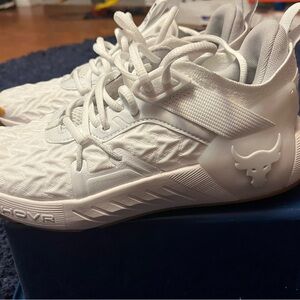 Under Amour Men’s Project  Rock 6 training shoes in the white and gum sole